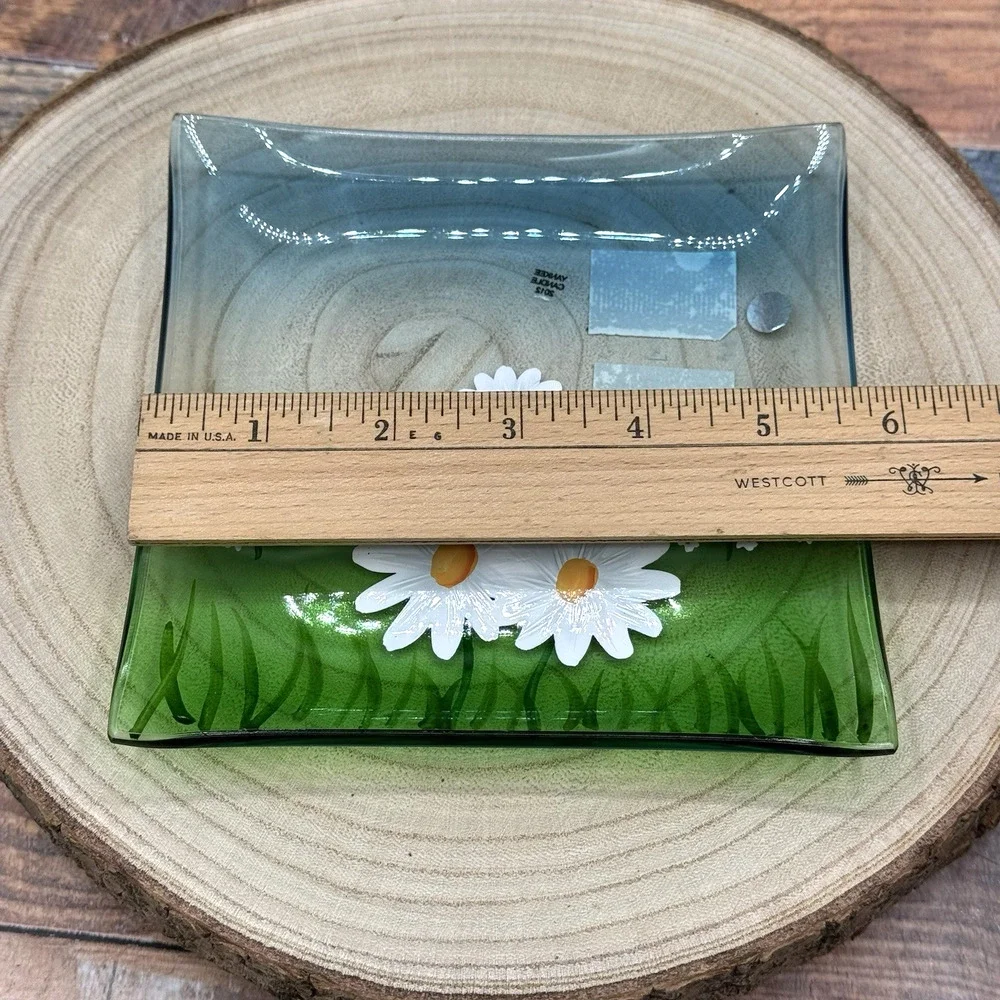 Yankee Candle Daisy Crackle‎ Glass Square Tray /Plate Holder Blue Green 5.5